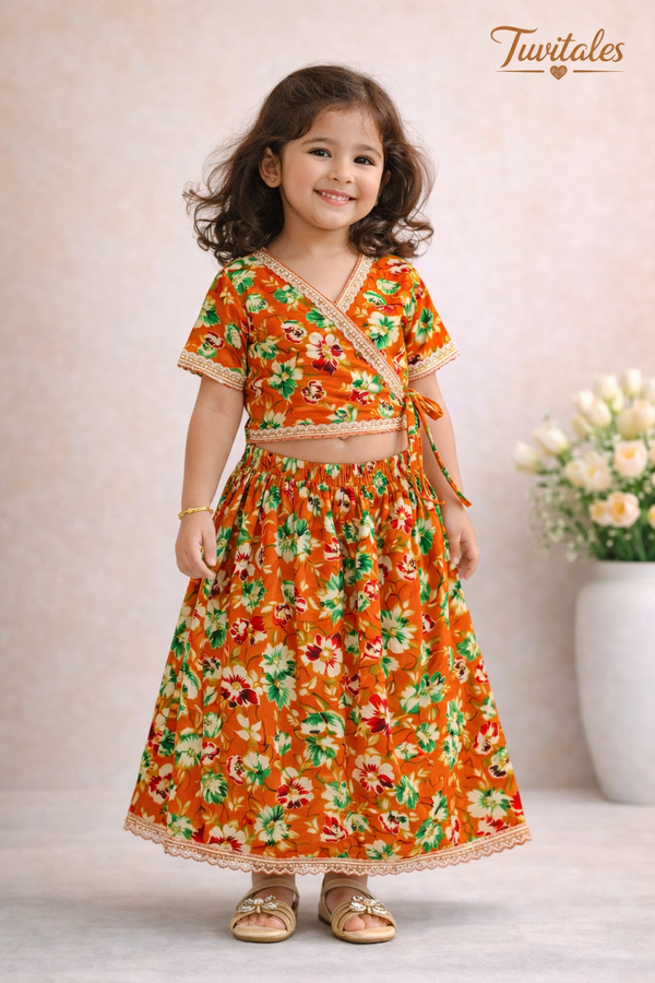 Tuvitales Girls Orange Floral Lehenga Set